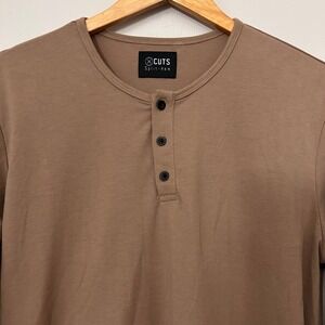 CUTS Shirt Mens Large Mocha Brown Split Curve Hem Henley Long Sleeve Stretch